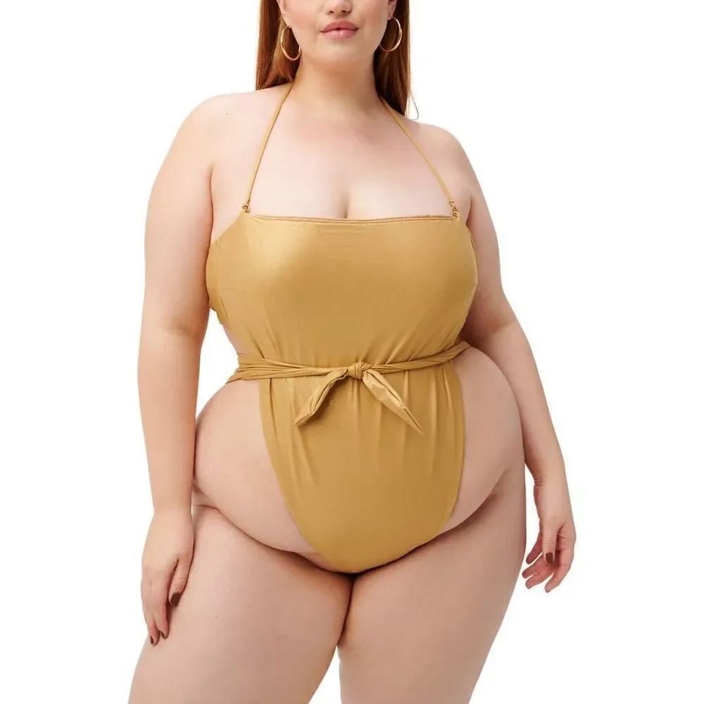 Good American Womens Tie Front One-Piece Swimsuit 5 Yellow Gold 18-20US Goddess